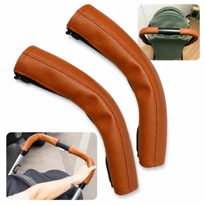 Produktbild von Kinderwagen Griffbezug 2er Set Kunstleder – Braun, 26x22cm, wasserabweisend, Reißverschluss | Für Buggy & Armlehne