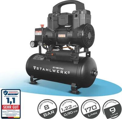 Produktbild von STAHLWERK Kompressor mit 9 L Tank (ST-98 Pro) – ölfrei & leise, 8 bar, Silent-Druckluftkompressor mit Brushless-Motoren, 1,22 PS, 0,90 kW, 170 l/min