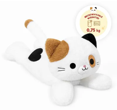 Immagine prodotto di Cuscino riscaldante a forma di gatto di stoffa, 0,75 kg, adatto al microonde, 40 cm, colore bianco