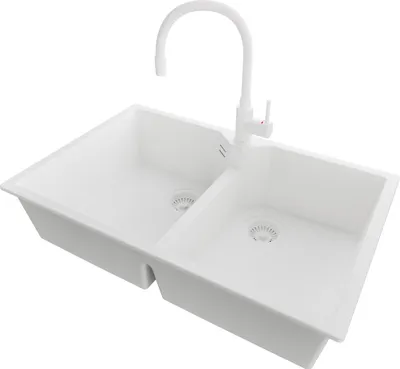 Produktbild von PRIMAGRAN Granitspüle Alles Weiß 78x50cm, Spülbecken 2 Becken + Küchenarmatur 38x14cm + Ablauf-Set, Küchenspüle ab 80er Unterschrank - Madrid Twin