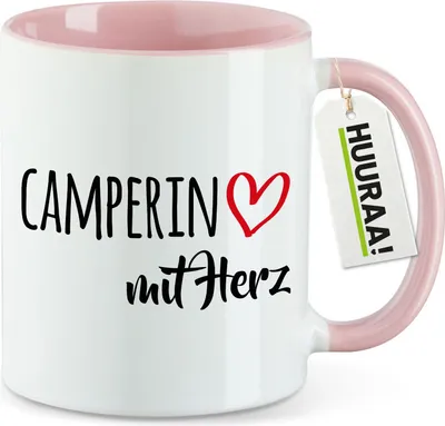 Produktbild von Huuraa Kaffeetasse Camperin mit Herz 330ml Rosa Keramik Kaffeebecher Geschenkidee