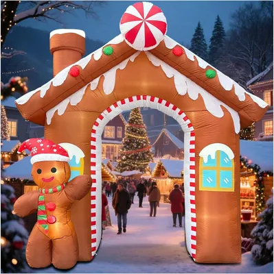 Productafbeelding van 3 m lange opblaasbare peperkoekhuis-kerstboog - Opblaasbaar met peperkoekmannetje - Gazon