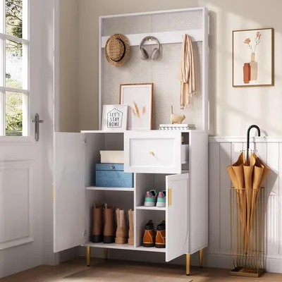 Produktbild von okwish Kompaktgarderoben Flurgarderobe mit Soft-Close-Scharniere und verstellbare Einlegeböden,Kleiderschrank Flurschrank mit goldenen Akzenten,Weiß und Gold