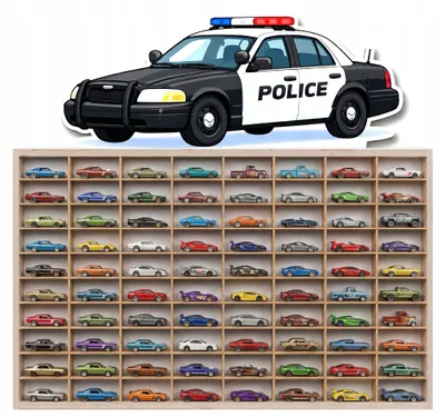 Modellauto-Regal für 80 Autos 1:64 – Wandregal & Setzkasten für Spielzeugautos, Polizei-Motiv, HDF-Trennwände – mit Modellautos an der Wand