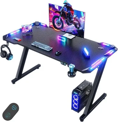 Image de Table de jeu de 120 x 60 cm, bureau de jeu avec éclairage LED, surface en fibre de carbone, bureau de jeu ergonomique avec porte-gobelet et support pour casque, bureau d'ordinateur stable
