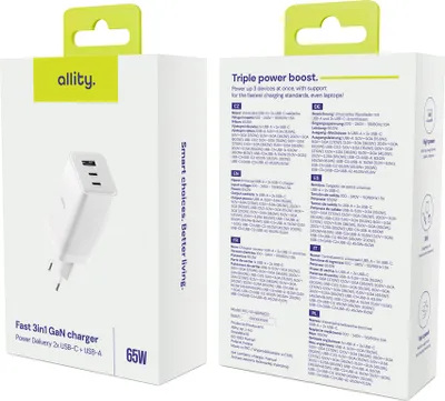 Image de Allity Chargeur secteur GaN PD QC ATC-01-65WACC 2x USB-C + 1x USB-A 65W blanc