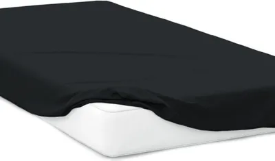 A black fitted sheet is shown on a white mattress.