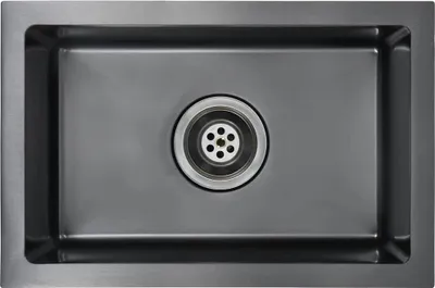 A top-down view of a stainless steel kitchen sink with a drain.