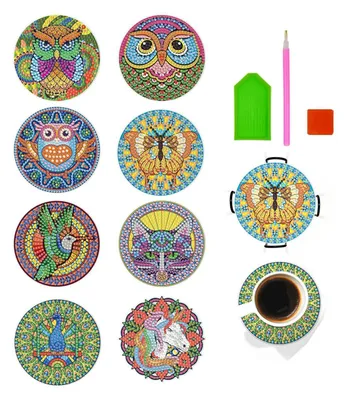 Produktbild von 8 Stück Diamond Painting Untersetzer mit Halter, 5D Diamond Art Painting Set, Diamant-Malsets für Erwachsene Anfänger Kinder