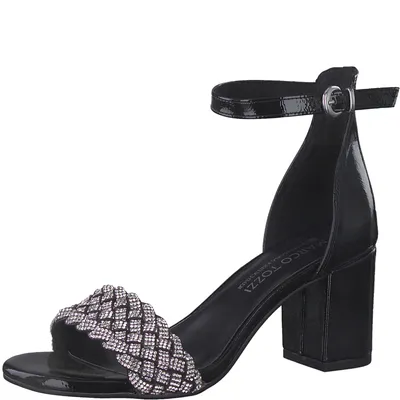 Produktbild von MARCO TOZZI Damen Sandalette by GMK Lack Metallic Strass Flechtoptik 2-88302-20, Größe:38 EU, Farbe:Schwarz