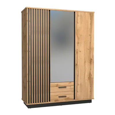 Produktbild von Dreitüriger Kleiderschrank LAMELO LA15 mit Spiegel und zwei Schubladen, Drehtürenschrank [Eiche Wotan + Schwarz]