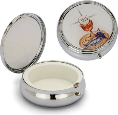 Produktbild von Silber Metalletui Kelch Motiv 6x2cm Rosenkranz Hostien Dose klein Kommunion 2544