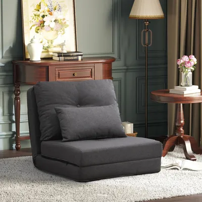 Image de Pouf-canapé 2-en-1 avec matelas pliable, coussin de sol pliable, lin et métal, gris foncé | 80 x 60 x 56 cm | 5 positions 105°–180°