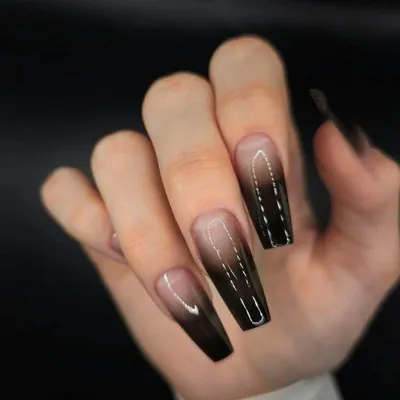 Image de Ongles artificiels style ballerine, couleur nude avec dégradé noir, longs, avec colle pour ongles, modèle AE12