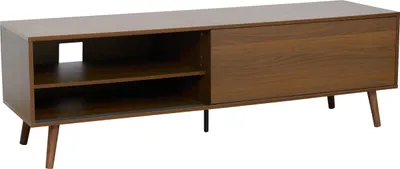 A brown TV stand with a sliding door and open shelving, shown from a side-angle on a white background.