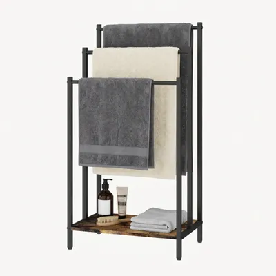 Zdjęcie produktu dla Wieszak na ręczniki Relaxdays z półką, wymiary 82,5 x 43 x 28 cm, styl industrialny, 3 drążki, wieszak na ręczniki, ciemnobrązowy/czarny