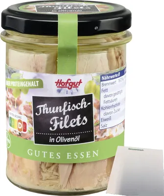 Produktbild von Hofgut Thunfisch Filets in Olivenöl (190g Glas) + usy Block