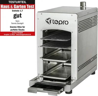 A Tepro 'Toronto Steakgrill' gas grill is shown from a three-quarter front angle, with a test review badge on the left.