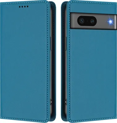 Image de Étui en cuir pour Google Pixel 7, étui à rabat magnétique en cuirPolyuréthaneavec support, bleu lac