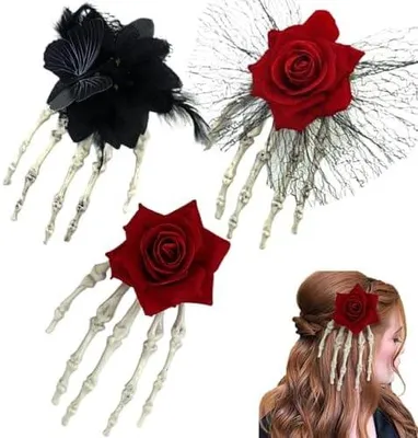 Produktbild von Gothic-Haarspangen mit Rosenschädeln und Skeletthand, 3 Stück für Halloween