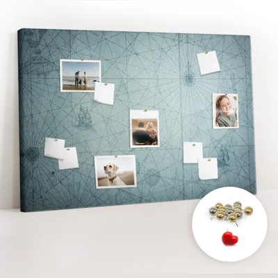Obrázek produktu pro Korková nástěnka s kolíčky - Tabule s kolíky pro fotografie a poznámky - 120x80 cm - Připínáčky kovové 100 kusů - Vintage mapa