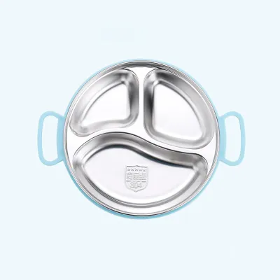 Zdjęcie produktu dla Talerz dla dzieci wykonany ze stali nierdzewnej z zabezpieczeniem przed poparzeniem, uchwytem, dzieloną konstrukcją, obiad dla przedszkola, niebieski