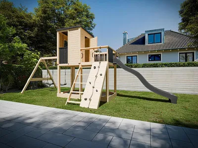 Produktbild von Stelzenhaus Carl naturbelassen mit Doppelschaukel inkl. Rutsche anthrazit
