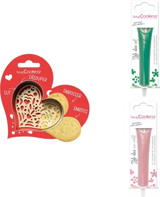 Produktbild von Herz-Relief-Plätzchen-Set + 2 pastellgrüne und rosa Schokoladenstifte