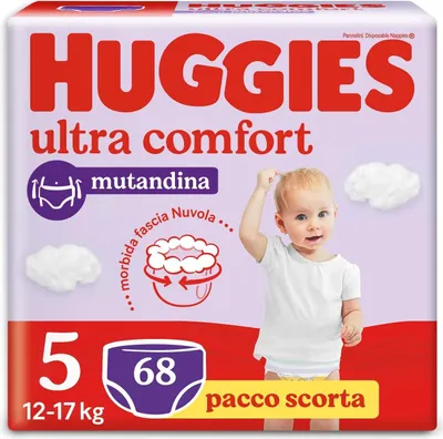 A package of Huggies Ultra Comfort diapers featuring a baby.