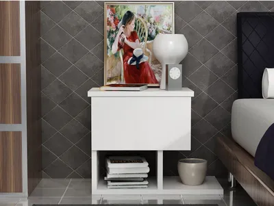 Produktbild von Skye Decor, Hochwertiger Nachttisch, Weiß, 46,8 x 36,8 x 33 cm | 100% melaminbeschichtete Spanplatte, 18 mm dick | Modernes Design mit zahlreichen Regalen, wandmontierbar.