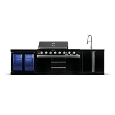 A black outdoor kitchen unit with a gas grill, double refrigerator, and sink, set against a white background.