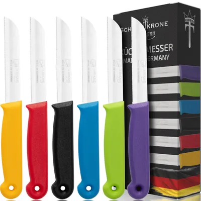 Produktbild von Schwertkrone® Tomatenmesser Obst- & Gemüsemesser 6er Set [ SOLINGEN - GERMANY] - Küchenmesser klein scharf - Schneidemesser Schälmesser Sägemesser - Allzweckmesser (Gezahnte Klinge: 9,0cm)