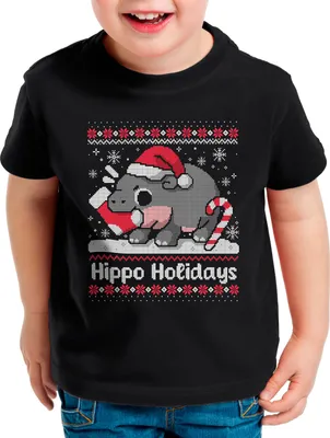 Produktbild von style3 Hippo Holidays Kinder T-Shirt xmas weihnachten weihnachtspullover pulli ugly sweater strick