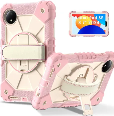 Image de Etui pour Xiaomi Redmi Pad SE 8.7" 4G 2024, étui pour tablette avec dragonne et support pivotant à 360° Rose