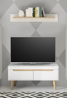 Produktbild von Wohnzimmer TV-Lowboard und Wandboard in Weiß Matt mit Eiche STOCKTON-61, 2-teilig
