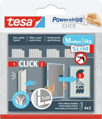 Produktbild von tesa Powerstrips CLICK - Klett-Klebepads zum An- und Abklicken von Bilderrahmen und Wanddekorationen ohne Bohren - selbstklebende Klettband-Strips mit ON und OFF Click-System - Slim - 4 x 2 Stück
