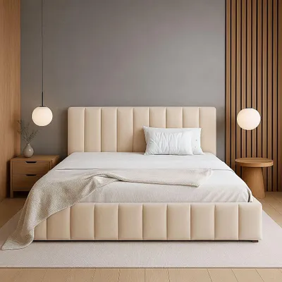 Image de GUTTO Lit rembourré sur mesure Lit double Surface de couchage 160 x 200 cm Sommier à lattes en bois Couleur beige Lit en velours