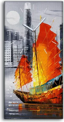 Produktbild von Leinwand Uhr Küche Wohnzimmer Bild Quarz 30x60 Hongkong Segel Boot Schiff Stadt - weiße Hände