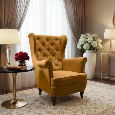 Image de Jaune Fauteuil à oreilles en velours Falco 86 cm Fauteuil avec pieds en bois Fauteuil de salon avec suspension à ressorts, tissu : kronos 01 - jaune moutarde