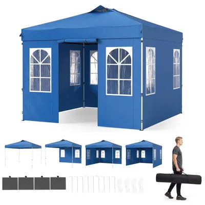 Produktbild von KOMFOTTEU Pop Up Pavillon 3 x 3 m, höhenverstellbarer Gartenpavillon mit 4 Seitenwänden (Blau)