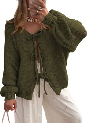 Obrázek produktu pro ASKSA Dámský svetr Loop Front Knit Cardigan Knit Sweater Puffed Sleeves Autumn Winter Open Front Pullover Loose Outwear (Army Green,XL)