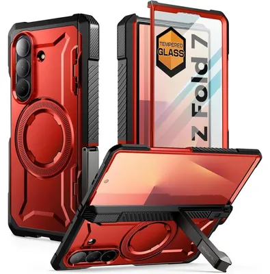Image de Coque de protection pour Samsung Galaxy Z Fold 7, de couleur rouge, avec support intégré, compatible MagSafe, protection d'écran et protection de charnière