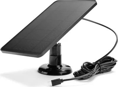 A black solar panel with a stand and a coiled black cable with a USB-C connector.