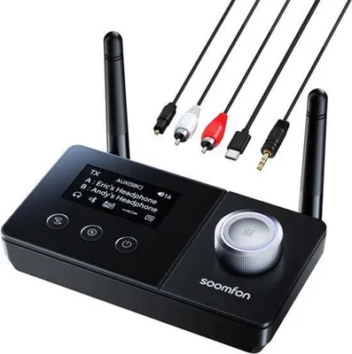 Productafbeelding van Bluetooth 5.3 zender ontvanger met dubbele antenne, 3-in-1 BT audio adapter voor 2 koptelefoons, Bluetooth transmitter receiver voor TV/stereo-installatie, met scherm en volumeregeling, Aux