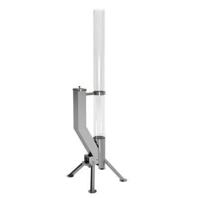 A stainless steel fire tube heater with a clear glass cylinder, standing on a tripod base against a white background.