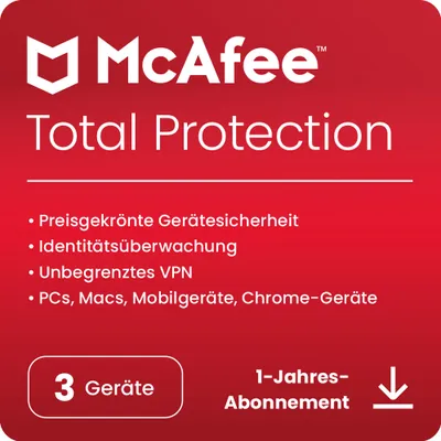 Produktbild von McAfee Total Protection inkl. VPN / 3 Geräte / 1 Jahr / (Lizenz per Email)