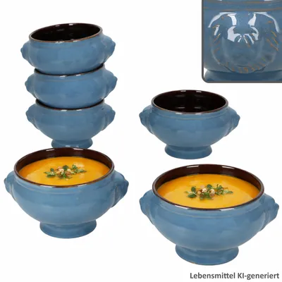Produktbild von 6x Löwenkopf Suppentassen 400ml blau Keramik Suppenschalen Terrine