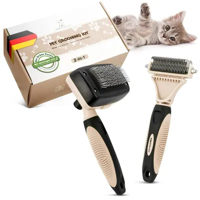 Productafbeelding van Kattenborstelset - 2-delig - ontharingsborstel en kattenkam - voor langharige katten en ondervacht
