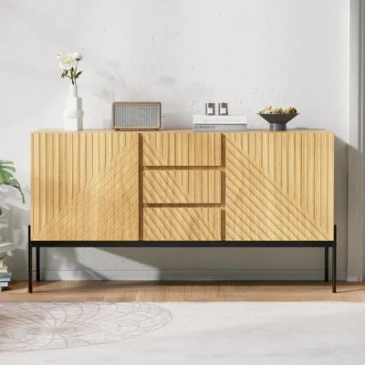 Immagine prodotto di Credenza con 2 ante e 3 cassetti, gambe in metallo, mobile TV, buffet, cassettiera dal design lineare
