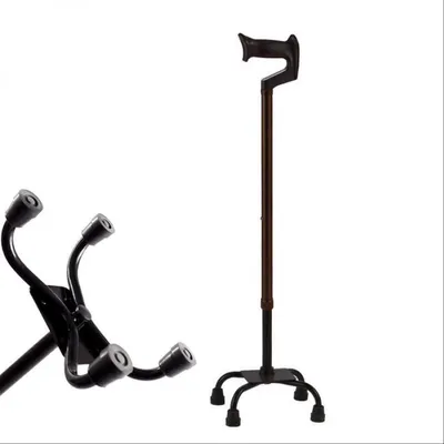 Productafbeelding van Wandelstok met vierpotige basis - Hoogte verstelbaar van 65 tot 87 cm - Antislip rubberen voet - Aluminium - Bruin-zwart